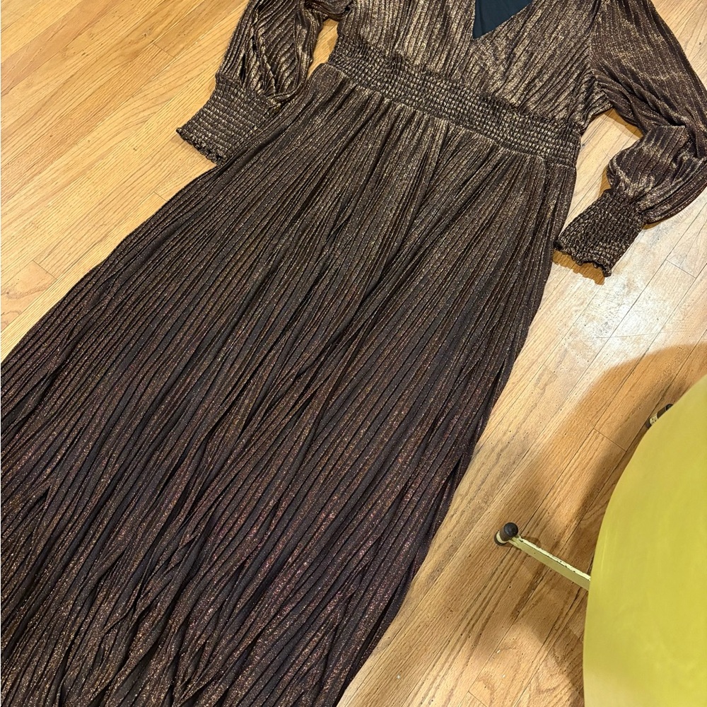 Boden Metallic Pleated V Neck Jersey Maxi Dress Holiday Copper Gold Trendy - Picture 11 of 16